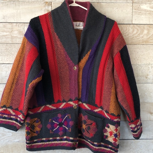 Vintage Sweaters - Segrets Sun Prints Colourful Shetland Wool Hand Knit Cardigan